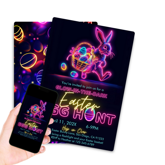 Glow in the Dark Egg Hunt Invitation, Neon Easter Bunny Egg Hunt Party Invite