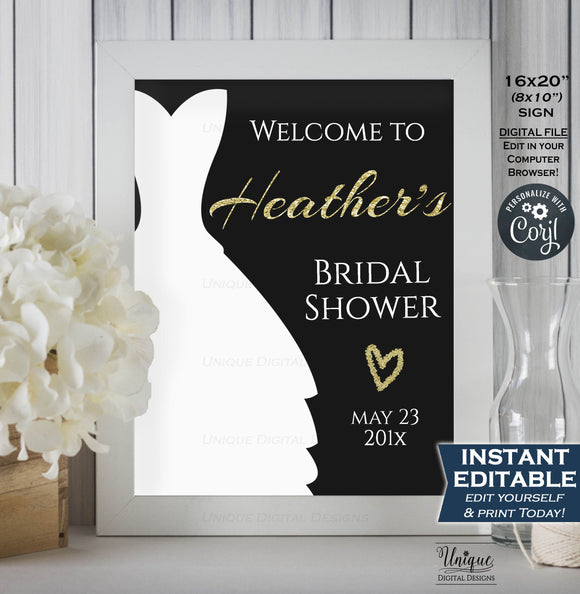 Bridal Shower Welcome Sign, Black Gold Wedding Sign, Bridal Shower Poster, Glitter Decoration Printable