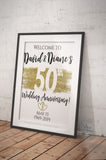 50th Anniversary Welcome Sign, ANY Year, Editable Wedding Anniversary Sign Decoration Gold Glitter Printable