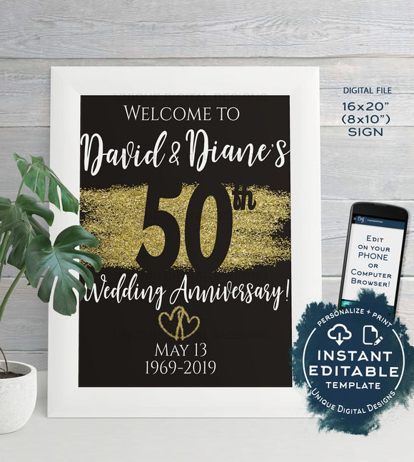 50th Anniversary Welcome Sign, ANY Year, Editable Wedding Anniversary Sign Decoration Black Gold Glitter Printable