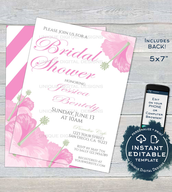 Pink Hibiscus Bridal Shower Invitation, Editable Pink Wedding Invite, Hawaiian Bachelorette Bride, Floral Custom Printable