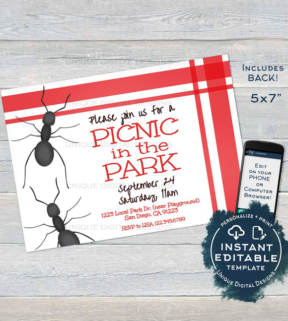 Park Birthday Party Invitation, Editable Picnic Party in the Park, Ant BBQ Party Invite, Playground Printable