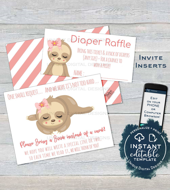 Sloth Baby Shower Diaper Raffle Ticket, Books for Baby Shower Invitation Inserts Editable Sloth theme Baby Shower Girl Card