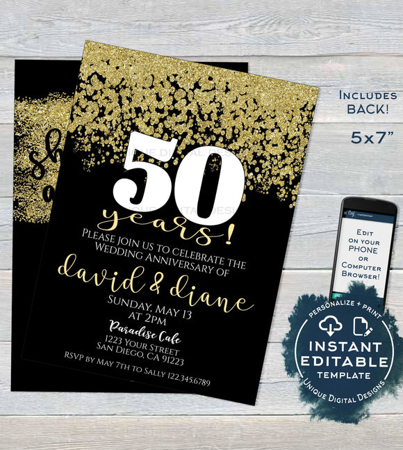 50 year Anniversary Invitation, Fiftieth Golden Wedding Anniversary, Editable 50th Surprise Party Invite Printable