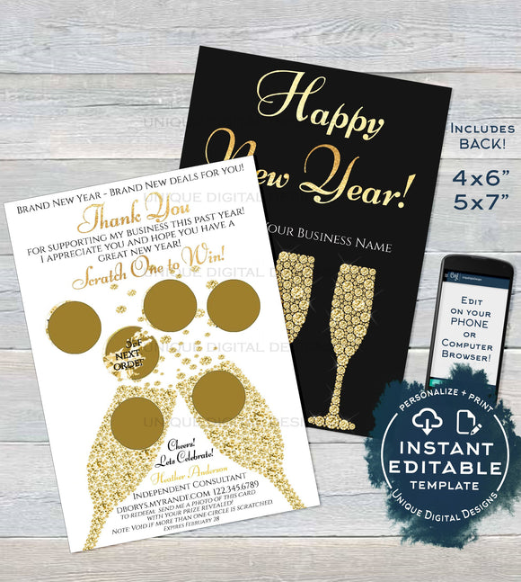 Printable Rodan and Happy New Year Cards Scratch Off, Editable Thank You R F pc appreciation Card, Custom Champagne Gifts