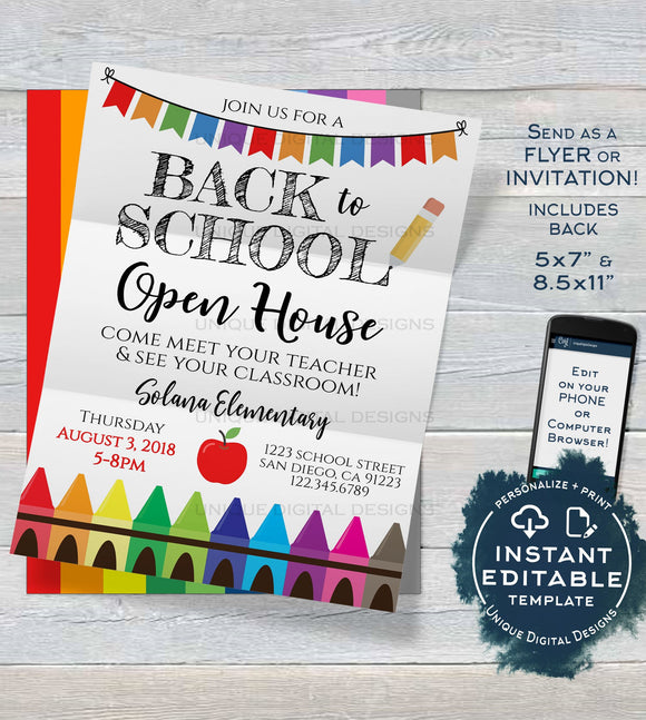 Back to School Open House Invitation Meet your Teacher PTA Invite Crayon School Flyer Digital Printable