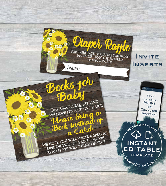 Sunflower Baby Shower Diaper Raffle Ticket, Books for Baby Shower Invitation Inserts, Editable Sunflower theme, Gift Card