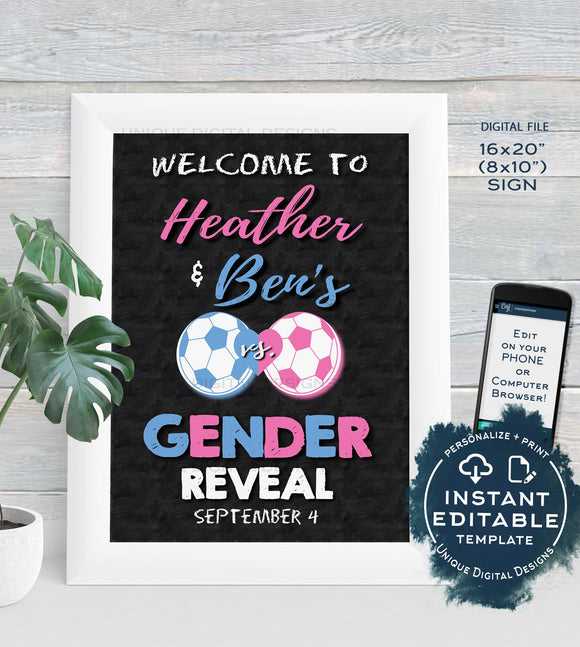 Soccer Gender Reveal Welcome Sign, Soccer GOAL Editable Gender Reveal Chalkboard What will Baby Be Custom Digital Printable