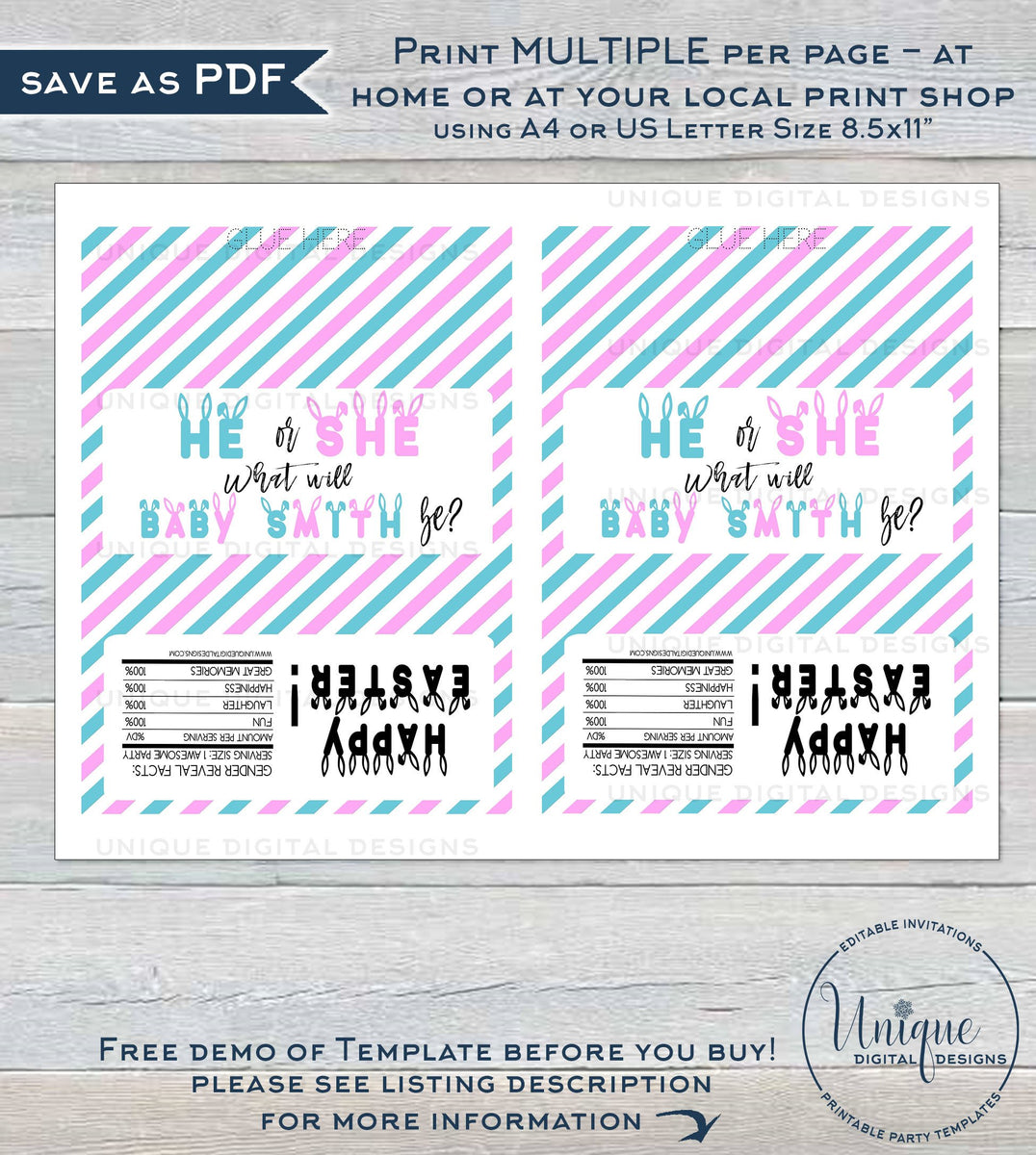 He or She Gender Reveal Candy Bar Wrapper Chocolate Bar Easter Baby Sh