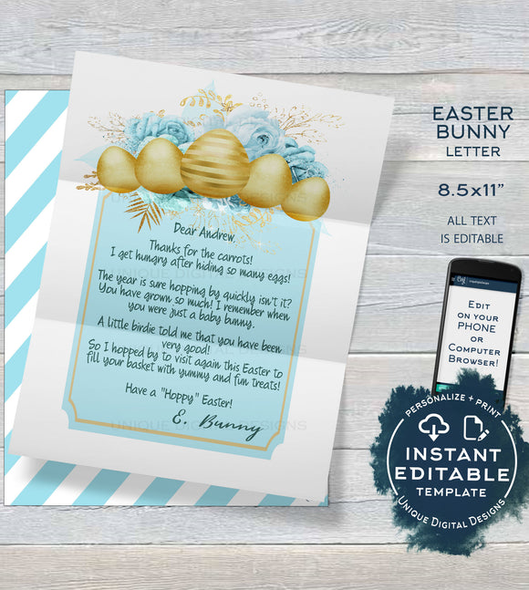 Boys Easter Bunny Letter, Editable Letter from the Easter Bunny Note, Spring Easter Rabbit Trap Message, diy Personalize Printable