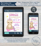 Slothicorn Invitation, Editable Unicorn Slumber Party, Girls Sloth Sleepover Birthday Sloth-icorn, ANY Age Custom Printable