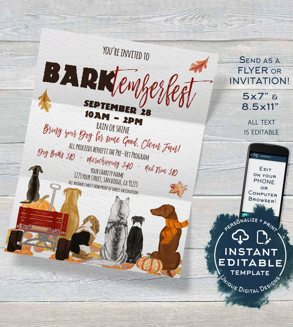 Barktemberfest Flyer Template, Editable Fall Dog Fundraiser Invitation Service Dog Fundraiser Veterinary School Charity Event INSTANT ACCESS