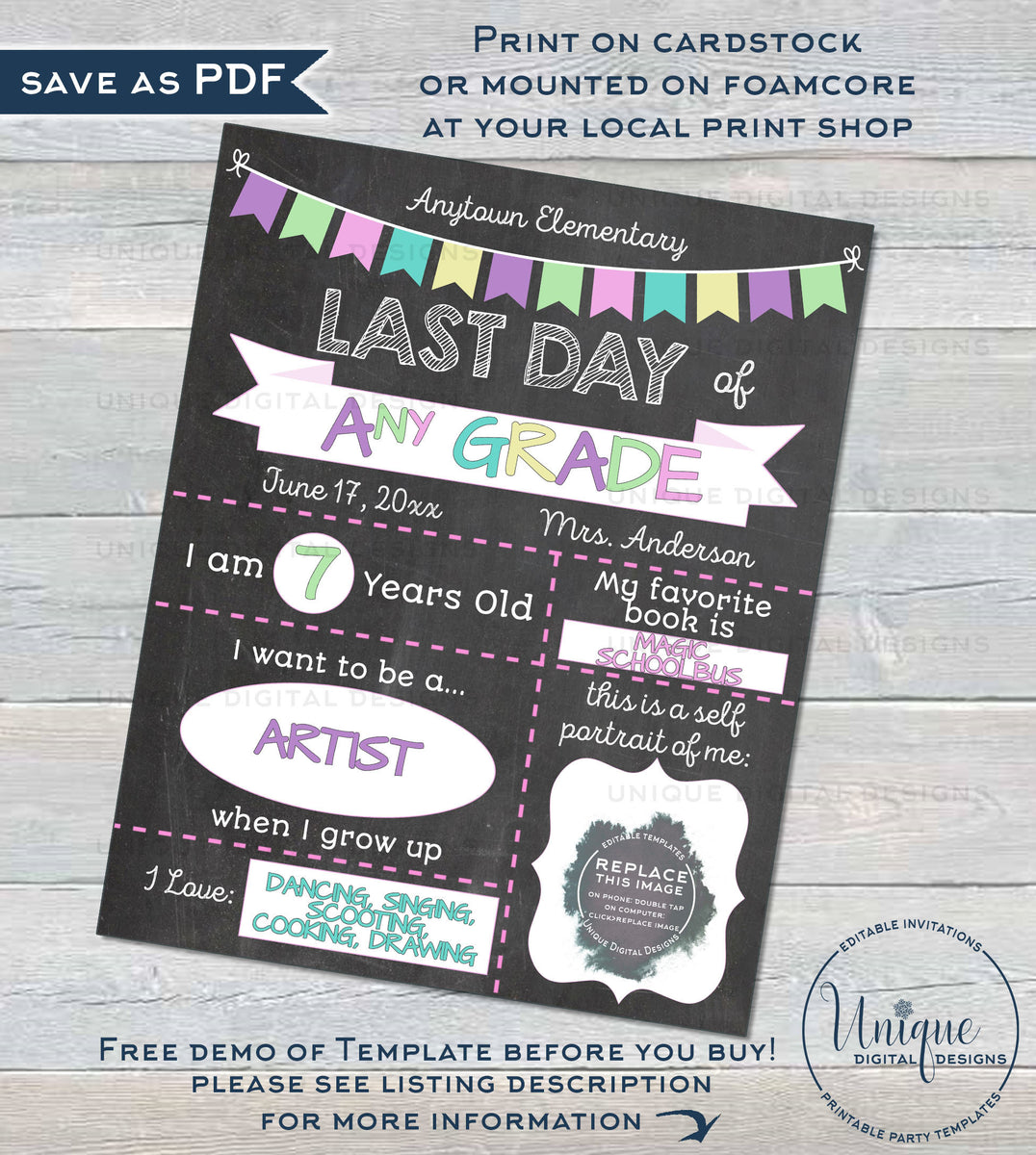 Editable Back to School Photo Prop, Girls 1st Day Back to School Poste