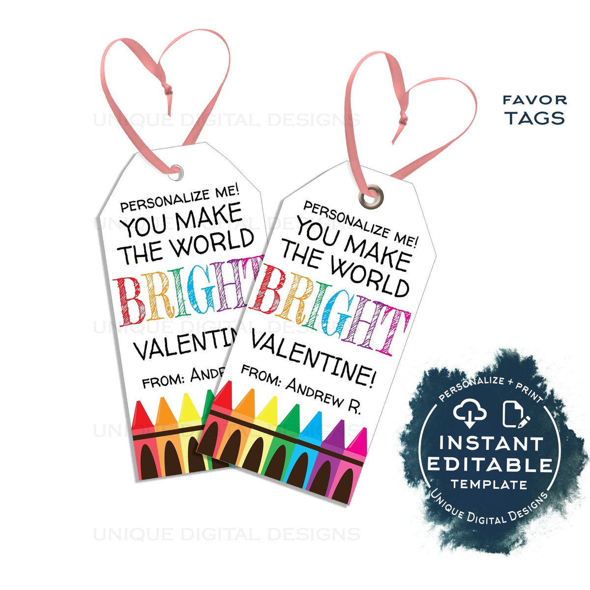 Colorful Valentines Stickers, Printable Crayons Valentines Day Tags for Kids,  Personalized Valentine Crayon Favor Sticker instant Download 