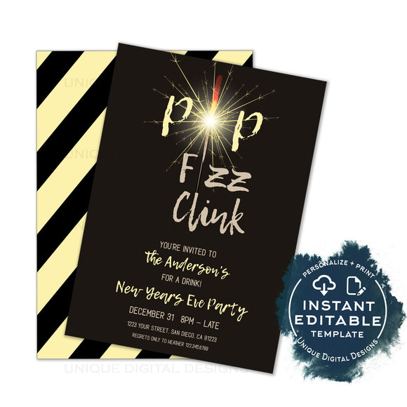 Editable New Years Eve Invitation, Pop Fizz Clink Have a Drink New Years Party, Adult Party, Printable Sparkler Template INSTANT ACCESS 2020