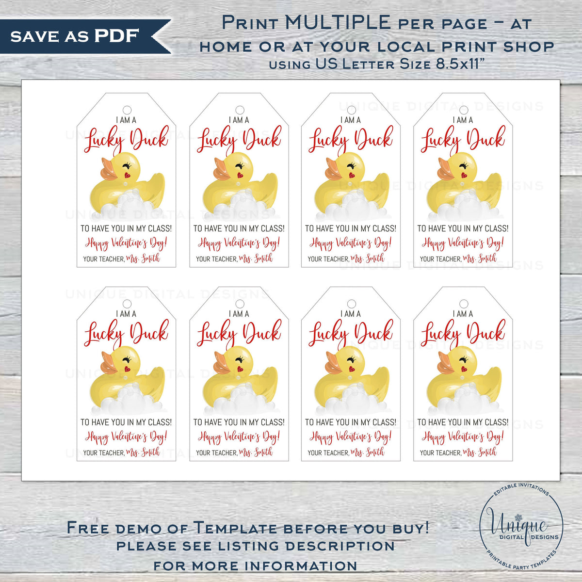 Teachers Editable Valentine Lucky Duck Tags, Rubber Ducky Valentine Gi for Free Lucky Duck Valentine Printable