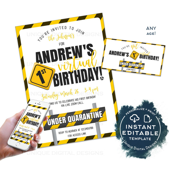 First Birthday Virtual Party Invitation, Zoom Party Under Quarantine Invite, Editable Electronic 1st Party Digital Smartphone INSTANT ACCESS