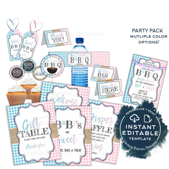 Editable Baby Q Gender Reveal Decorations Package, He or She BBQ, Pink or Blue Baby Shower Party, Gingham Printable Personalized INSTANT