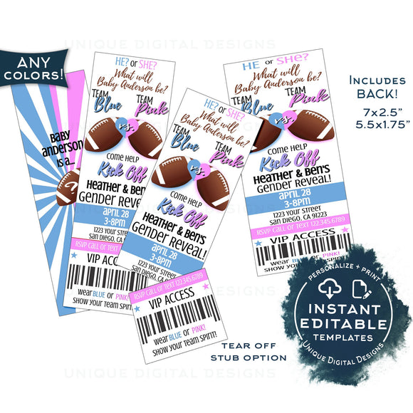 Gender Reveal Invitation Ticket, Editable Baby Shower Football Ticket Invite, He or She, Football Team Blue Team Pink INSTANT ACCESS UGFT