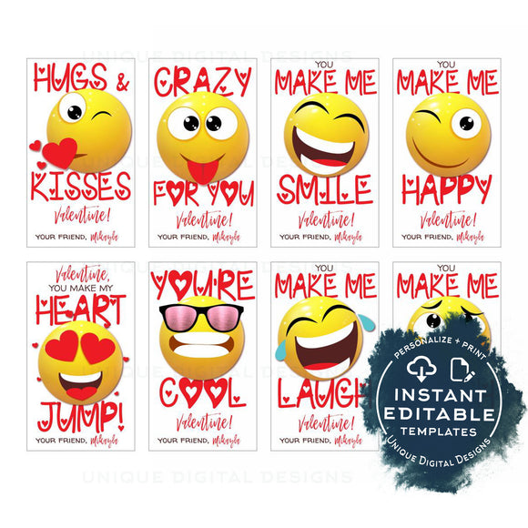Valentine's Gift Tags, Editable Emoji Valentine Cards Set of 8, Valentine Card,  Non Candy Kids Class School Teacher Printable Favor INSTANT