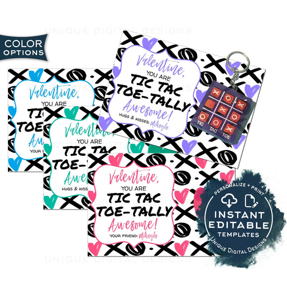 Valentine's Gift Tags, Editable Tic Tac Toe -tally toy, Keychain Valentine Card, Non Candy Kids Class School Teacher Printable Favor INSTANT