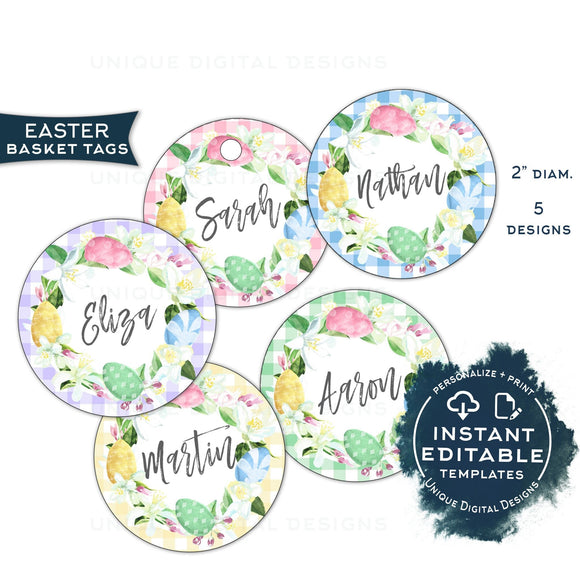 Printable Custom Easter Basket Tag, Editable Easter Egg Hunt Name Tags, Pastel Easter Egg, Personalized Easter Bunny Gift Tag, Hoppy INSTANT