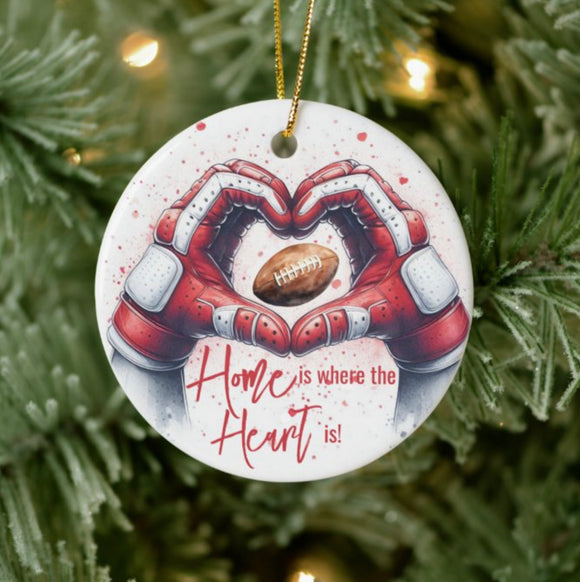 Ornament - Football Home is where the Heart is Hands Ceramic, Kansas Heart Hands - ROUND