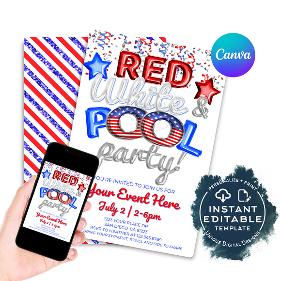 Editable Red white and pool party invite template on Canva