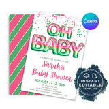 Editable Oh Baby Watermelon Baby Shower Party Invitation, Foil Balloons Summer Baby Shower