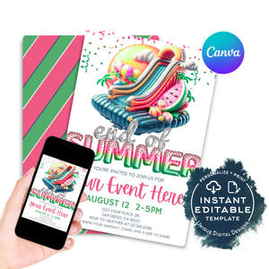 ANY Event! Editable End of Summer Splash Waterslide Party Invitation, Watermelon Foil Balloon Birthday Summer Pool Party