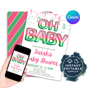 Editable Oh Baby Watermelon Baby Shower Party Invitation, Foil Balloons Summer Baby Shower