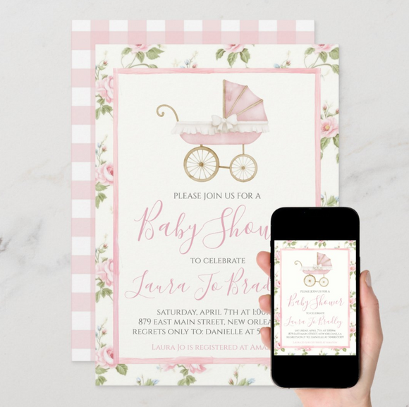 Pink Floral Girl Preppy Southern Carriage Baby Shower theme