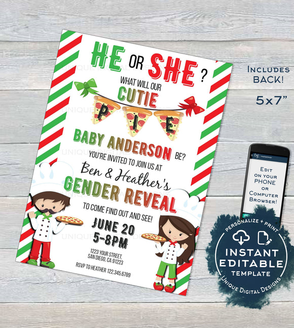 Pizza Party Gender Reveal Invitation, Editable He or She Cutie Pie Pizza Invite, What will Baby be Italian Custom Printable