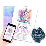 Easter Egg Hunt Invite, Editable Easter Invite, Watercolor Birthday Party Hoppy Easter Bunny, Personalized Phone Custom Print INSTANT