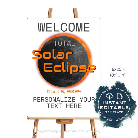 Editable Total Solar Eclipse Sign, 2024 Solar Eclipse Party Poster, Eclipse Viewing Party Welcome Banner Printable Decorations diy INSTANT