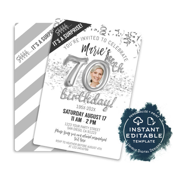 Editable Surprise 70th Birthday Invitation with Photo, Platinum Birthday Invite Template, Look Who's 70, 70th Birthday Printable Kit INSTANT
