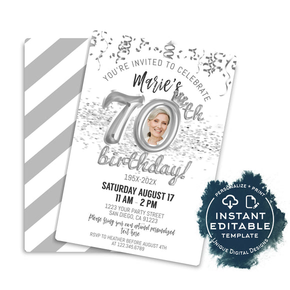 Editable 70th Birthday Invitation with Photo, Platinum Birthday Invite Template, Look Who's 70, Simple 70th Birthday Printable Kit INSTANT