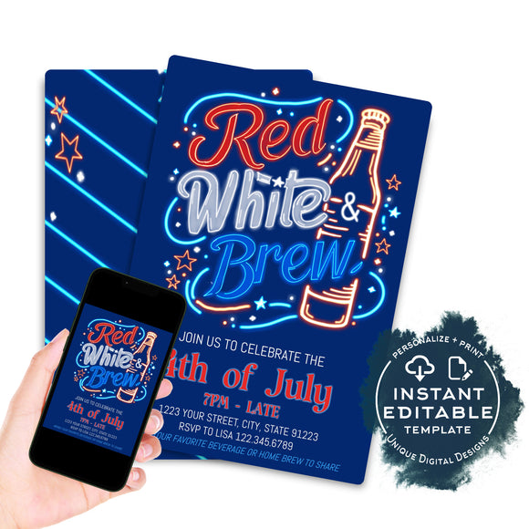 Red White and Brew Invite, Editable 4th of July Party Invite, Backyard Summer BBQ Grill Out, July 4th Beer Party Printable Template INSTANT