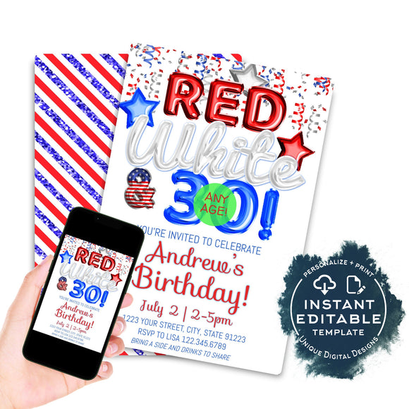 ANY Age! 4th of July Birthday Invitation, Editable Red White and 30 BBQ Invite July 4th 30th Fireworks Party Printable Brew Template INSTANT