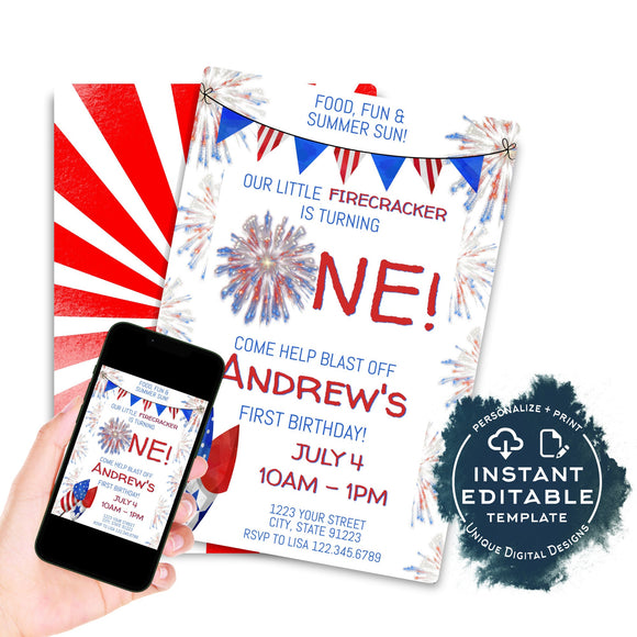 One Firecracker Birthday Invitation, Editable 4th of July First Birthday Invite, 1st Firework Chalkboard Template Printable INSTANT ACCESS
