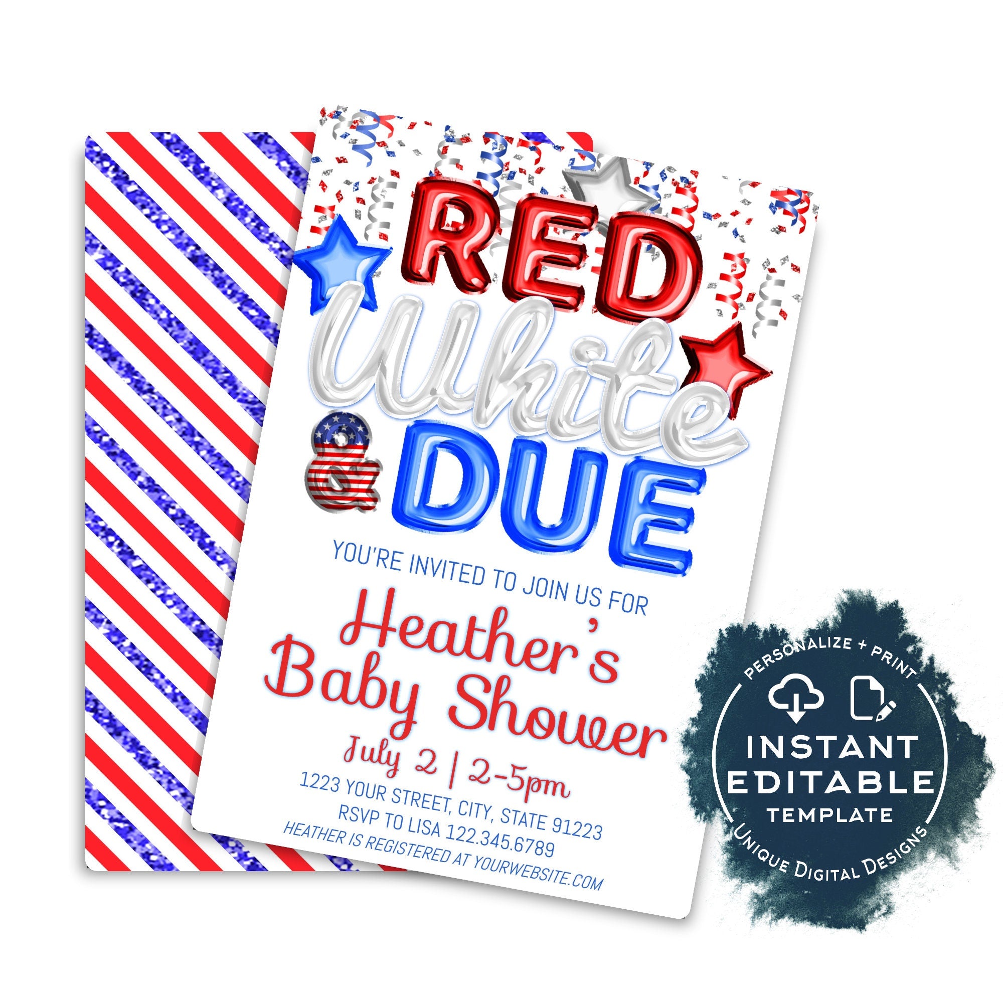 4th of July Baby Shower Invitation, Editable Red White and Due BBQ Inv