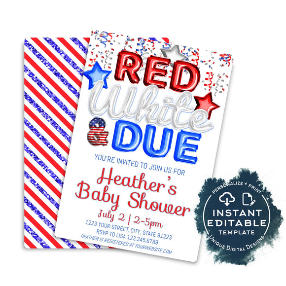 4th of July Baby Shower Invitation, Editable Red White and Due BBQ Invite, July 4th Baby Sprinkle Fireworks Party Printable Template INSTANT