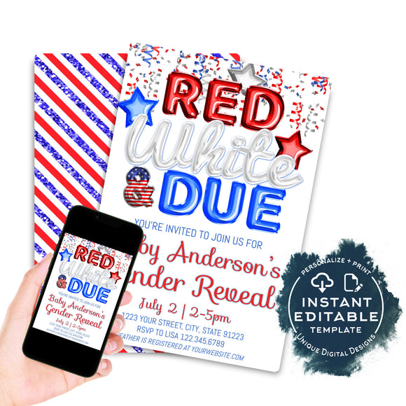 4th of July Gender Reveal Invitation, Editable Red White and Due BBQ Invite, July 4th Baby Shower Fireworks Party Printable Template INSTANT