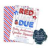 4th of July Gender Reveal Invitation, Editable Red White and Due BBQ Invite, July 4th Baby Shower Fireworks Party Printable Template INSTANT