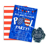 Editable Pool Party Invitation, 4th of July Red White Blue Summer Pool Invite, Freedom Quarantine party, Printable Template INSTANT ACCESS