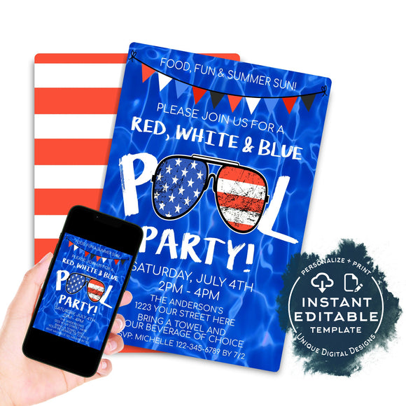 Editable Pool Party Invitation, 4th of July Red White Blue Summer Pool Invite, Freedom Quarantine party, Printable Template INSTANT ACCESS