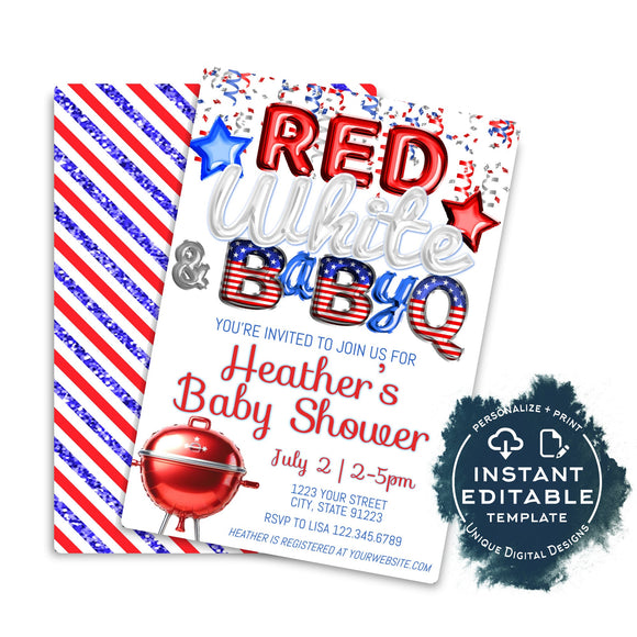Red White and BabyQ Invitation, Editable 4th of July BBQ Baby Shower, red white and due bbq Party, Foil Balloons, Custom Printable INSTANT