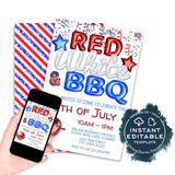 Red White and BBQ Invitation, Editable 4th of July BBQ Party, red white and blue bbq Birthday, Foil Balloons, Custom Printable INSTANT