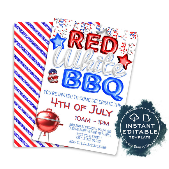 Red White and BBQ Invitation, Editable 4th of July BBQ Party, red white and blue bbq Birthday, Foil Balloons, Custom Printable INSTANT