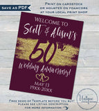 Editable 50th Anniversary Welcome Sign, Any Color Year Wedding Anniversary Sign Decoration, Gold Glitter Printable